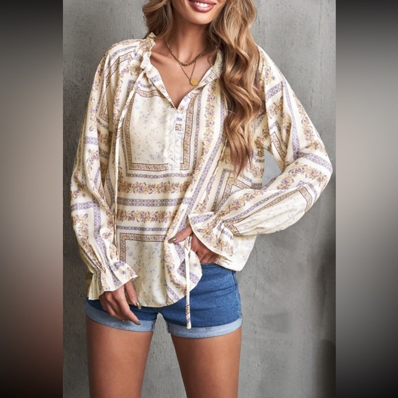 Beige V neck Lantern Sleeve Drawstring Tribal Print Blouse - Picture 1 of 7